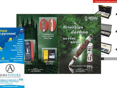 Bukletu izgatavošanas paraugi – tūrisma ceļvedis, reklāmas buklets un preču katalogs ar pilnkrāsu druku